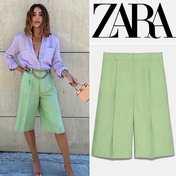 NWT Zara Linen Long Bermuda High Rise Pleated Shorts Green L Lagenlook 90s Boho - Picture 1 of 16